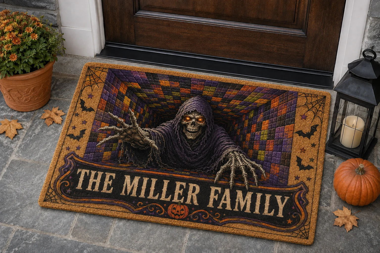 Personalized Family Name Coir Mat Halloween Horror Grim Reaper Skeleton Pit Design Doormat Non‑Slip Custom Outdoor Decor Rug
