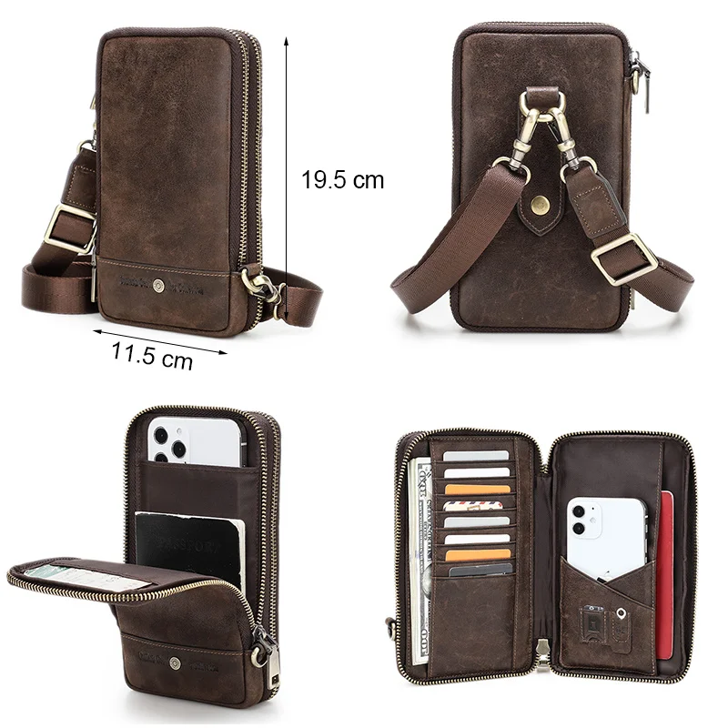 Bolsa crossbody de couro genuíno masculina, estilingue de ombro, pequeno pacote de cintura mensageiro, carteira longa multifuncional masculina