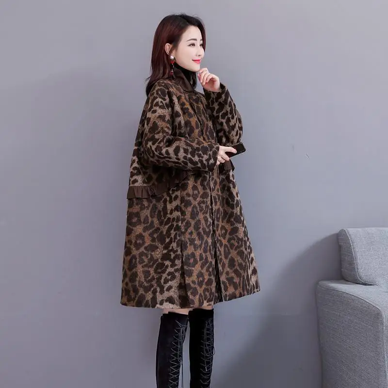 Large Size Women's Clothing Autumn Winter New Fashion Leopard Print Woolen Coat Medium And Long Loose And Thin Padded Coat Tde