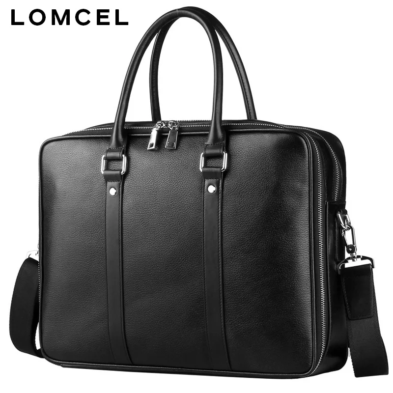 LOMCEL Men's genuine leather handbag with double zippers, cowhide fashion bag, business grade top  leather briefcase, 16-inch