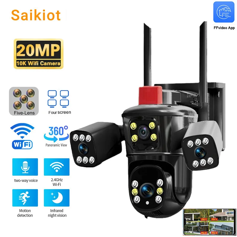 Saikiot 20MP WIFI 10X Optical Zoom Camera CCTV Surveillance Outdoor Camera PTZ 5 Lens Four Screens Security CCTV Network Camera