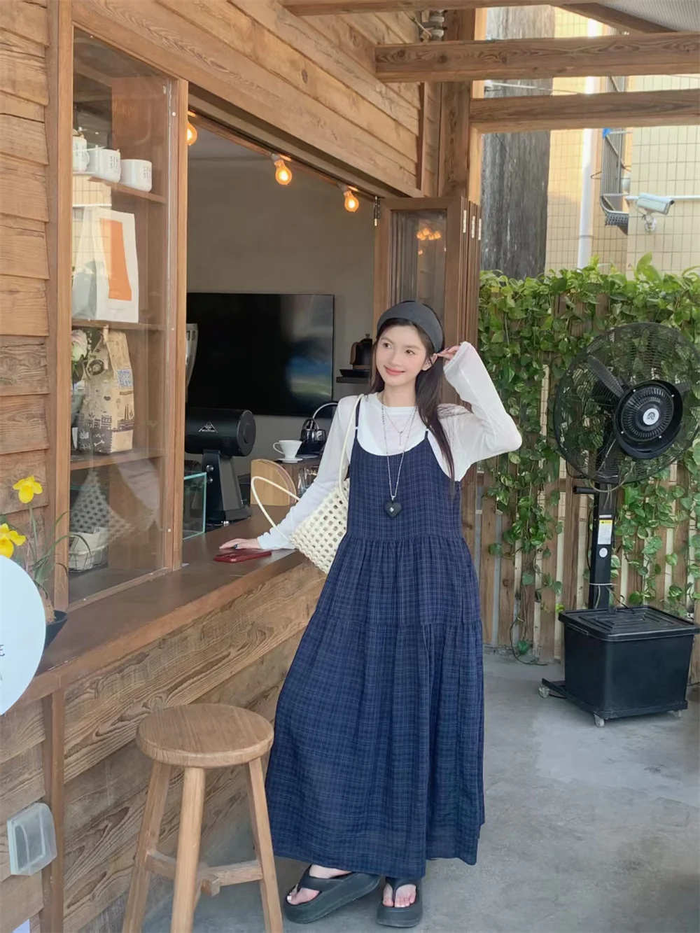 Rétro bleu Plaid sangle Dr femmes été mince longue Sve t-shirt haut doux vent ensemble décontracté Sle a-ligne jupe Polyester...