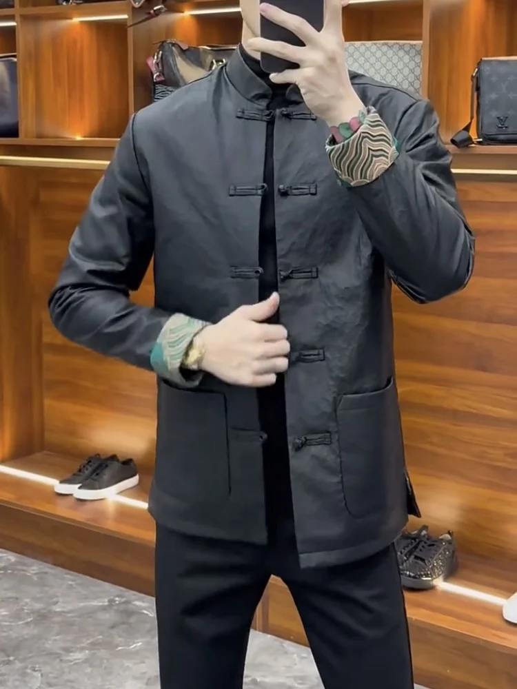 

Men's Faionable Button-Up Tang Suit Jaet Casual Busin Sle Outerwear Autumn New Arrival ort Length Stand Collar
