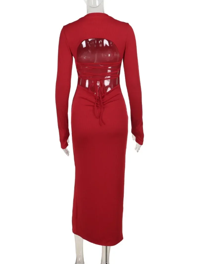 Mulheres sexy o-pescoço alta fenda meados de bezerro vestido vermelho streetwear 2024 outono manga longa bodycon sem costas bandagem vestidos de festa clubwear