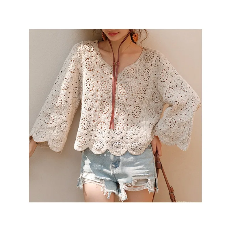 

Bohemian chic design, beautiful small knitted sweater, hollow retro long-sleeved loose top