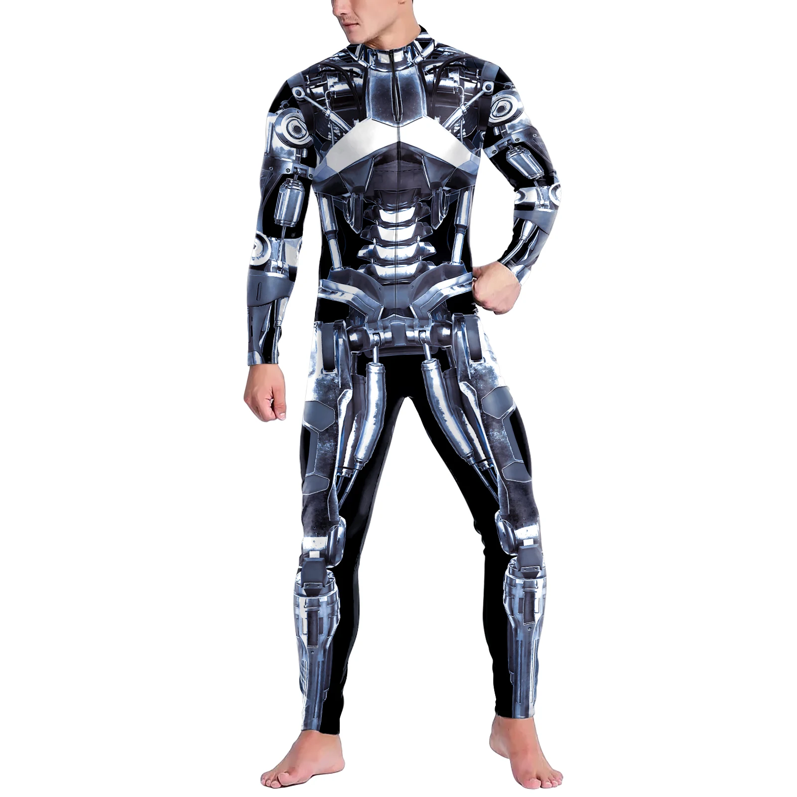 Zawaland Robot Men Bodysuit 3D Print Steampunk Armor Jumpsuit Crotch Zipper Clothing Carnival Party Cosplay Costume Zentai