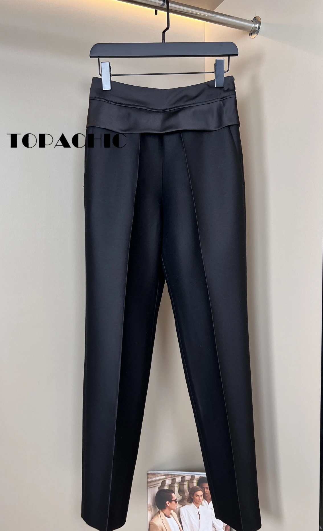 7.22 TOPACHIC-Women Clothes Contrast Color Pocket Spliced V-Neck Slim Long Thin Blazer Or High Waist Black Pants Set