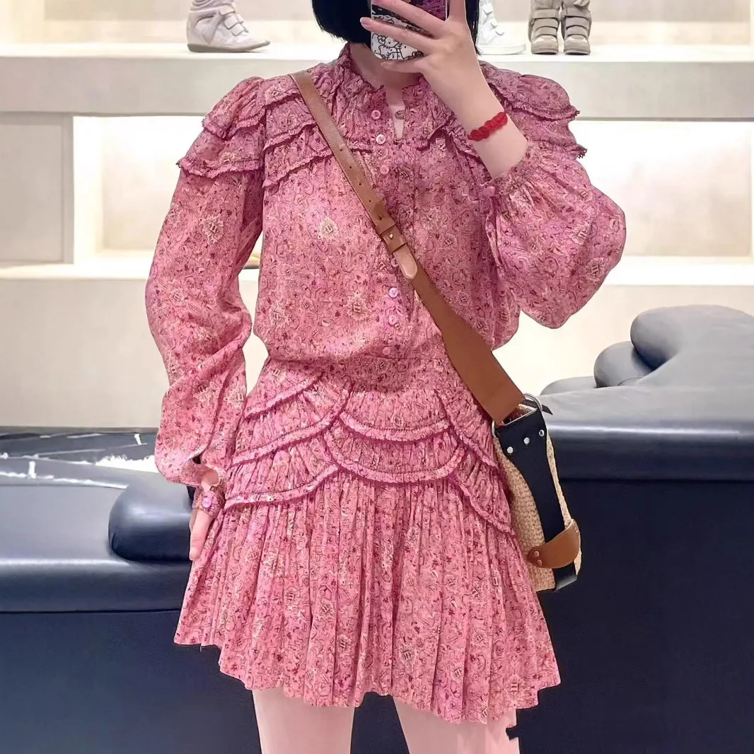 

Pink Floral Print Ruffle irt High Waist Skirt Set Autumn New Arrival Faionable French Sle Long Sve Women's Suit