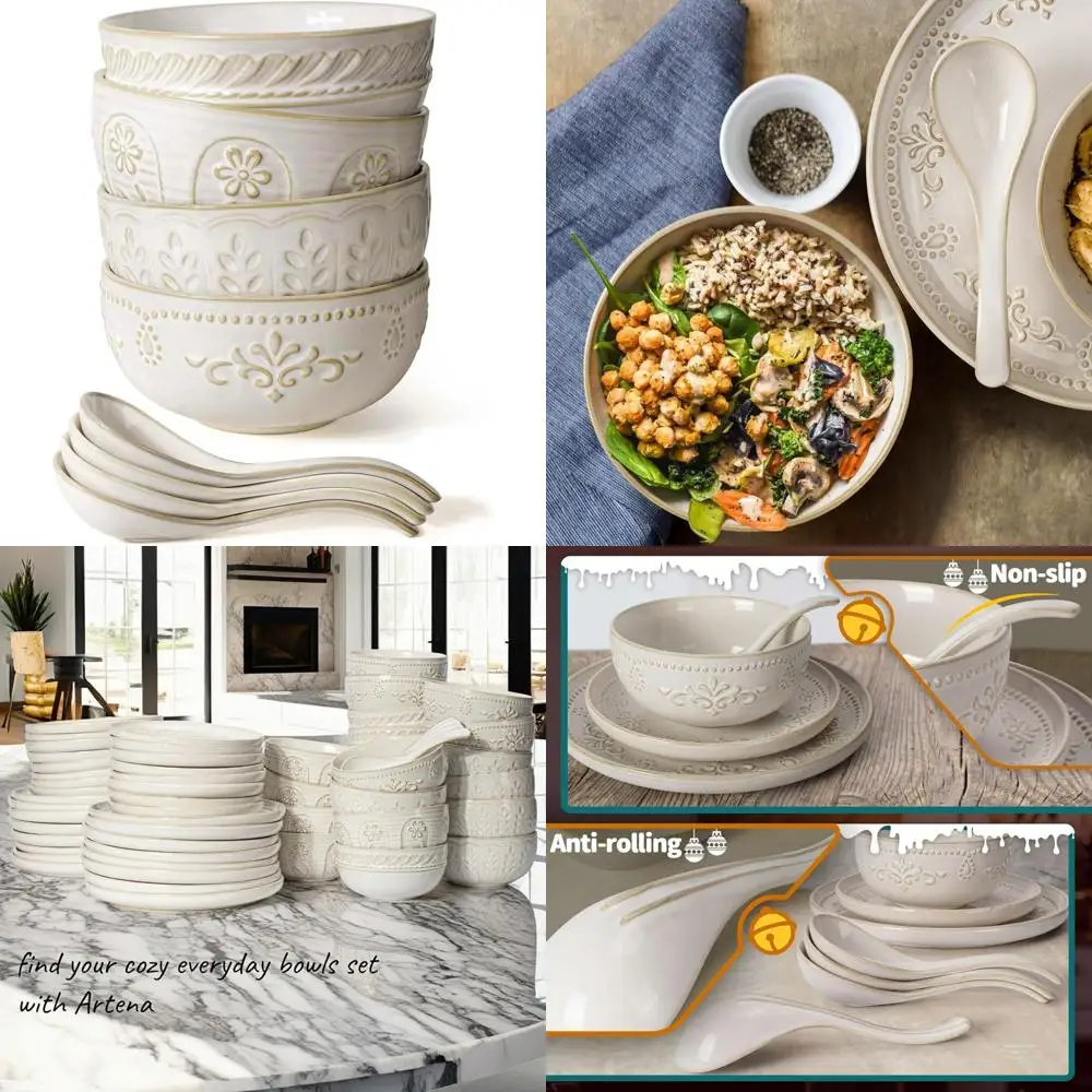 

"32-Ounce Capacity Ceramic Soup and Cereal Bowls with Matching Soup Spoons for Ramen, Breakfast, Rice, and Salad"
