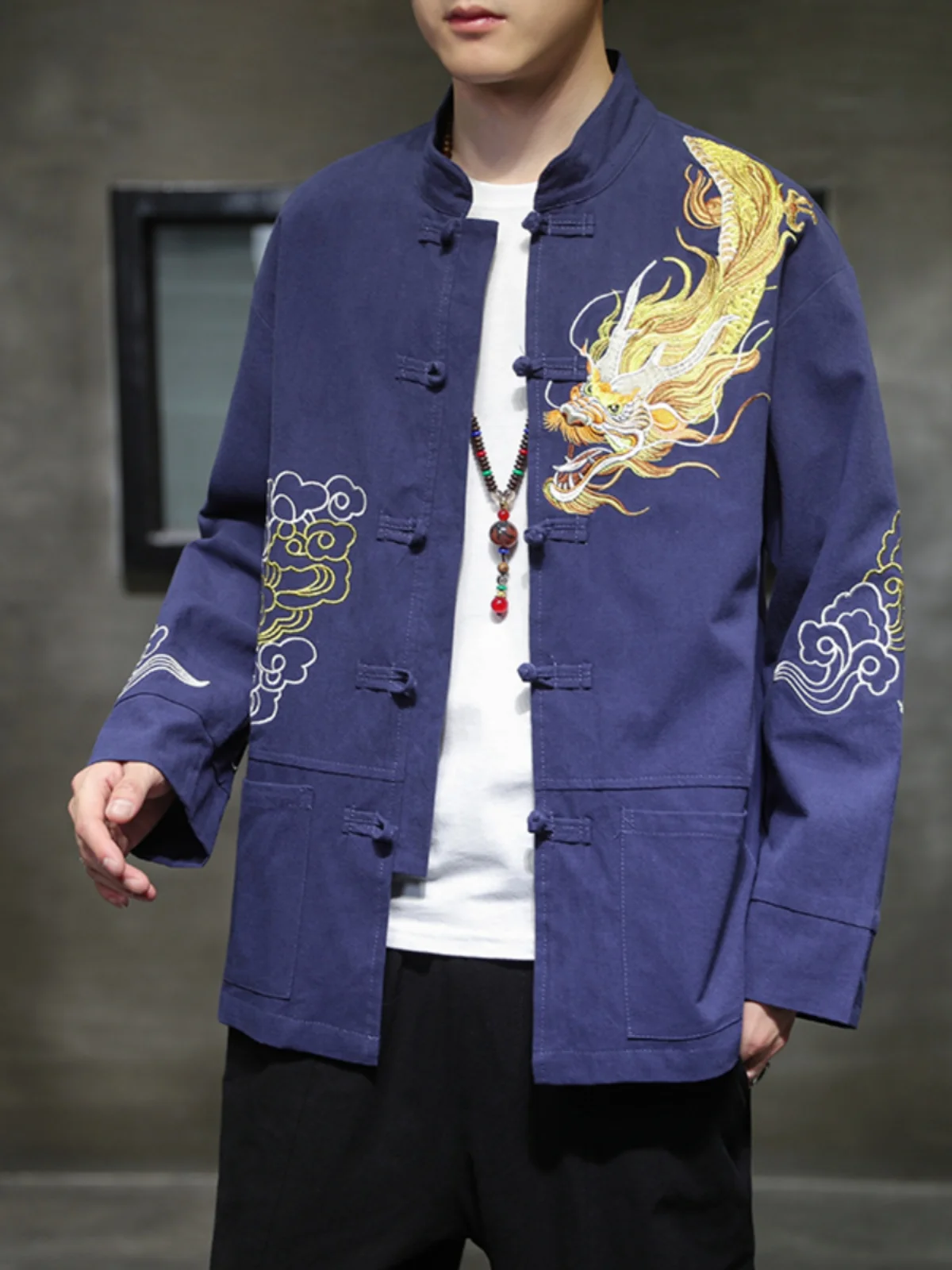 Spring Autumn Men's Dragon Pattern Embroidery Loose Fit Stand Collar Jacket Traditional Chinese Style Outerwear Casual Coat