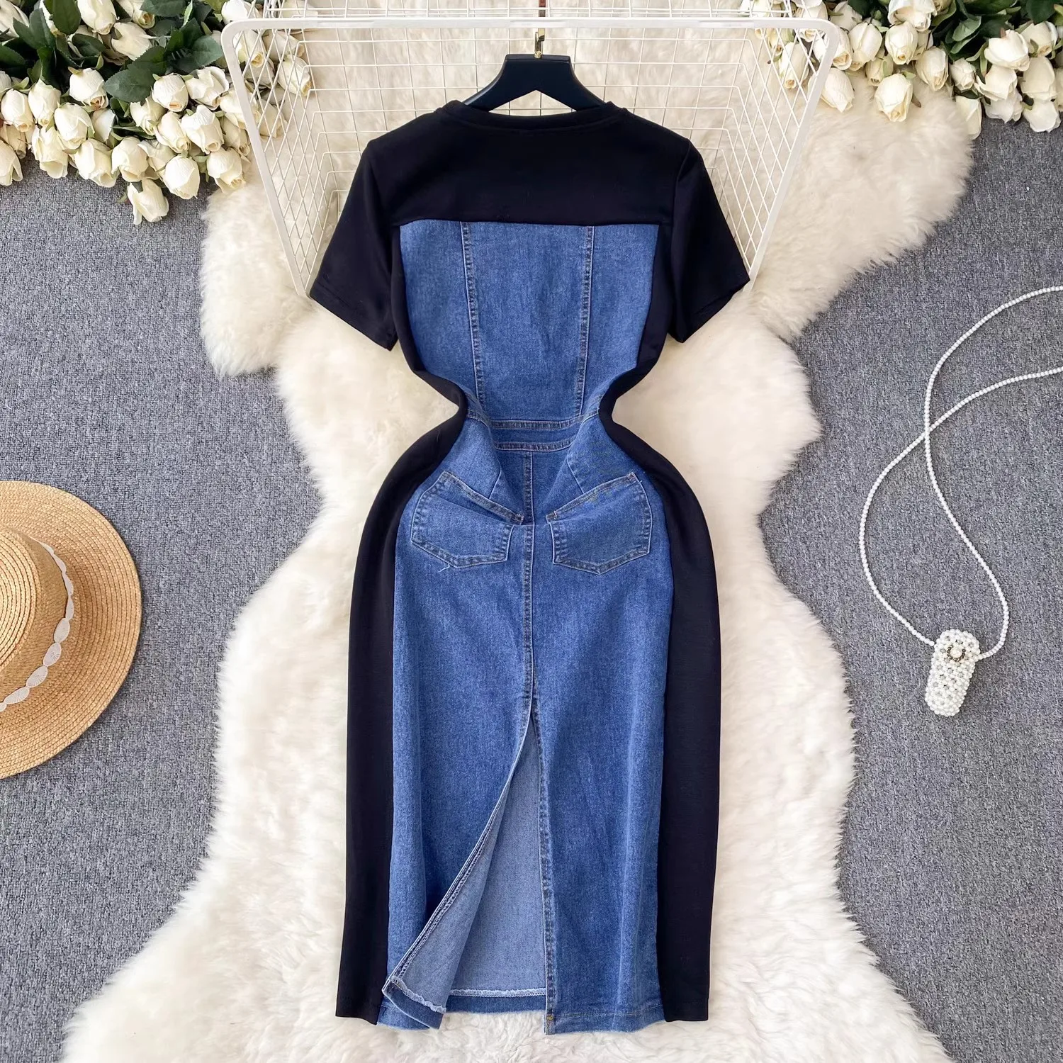 Casual Fake Two Piece Denim Dress Women Spring Summer Short Sleeve Patchwork Long Dress Vestidos