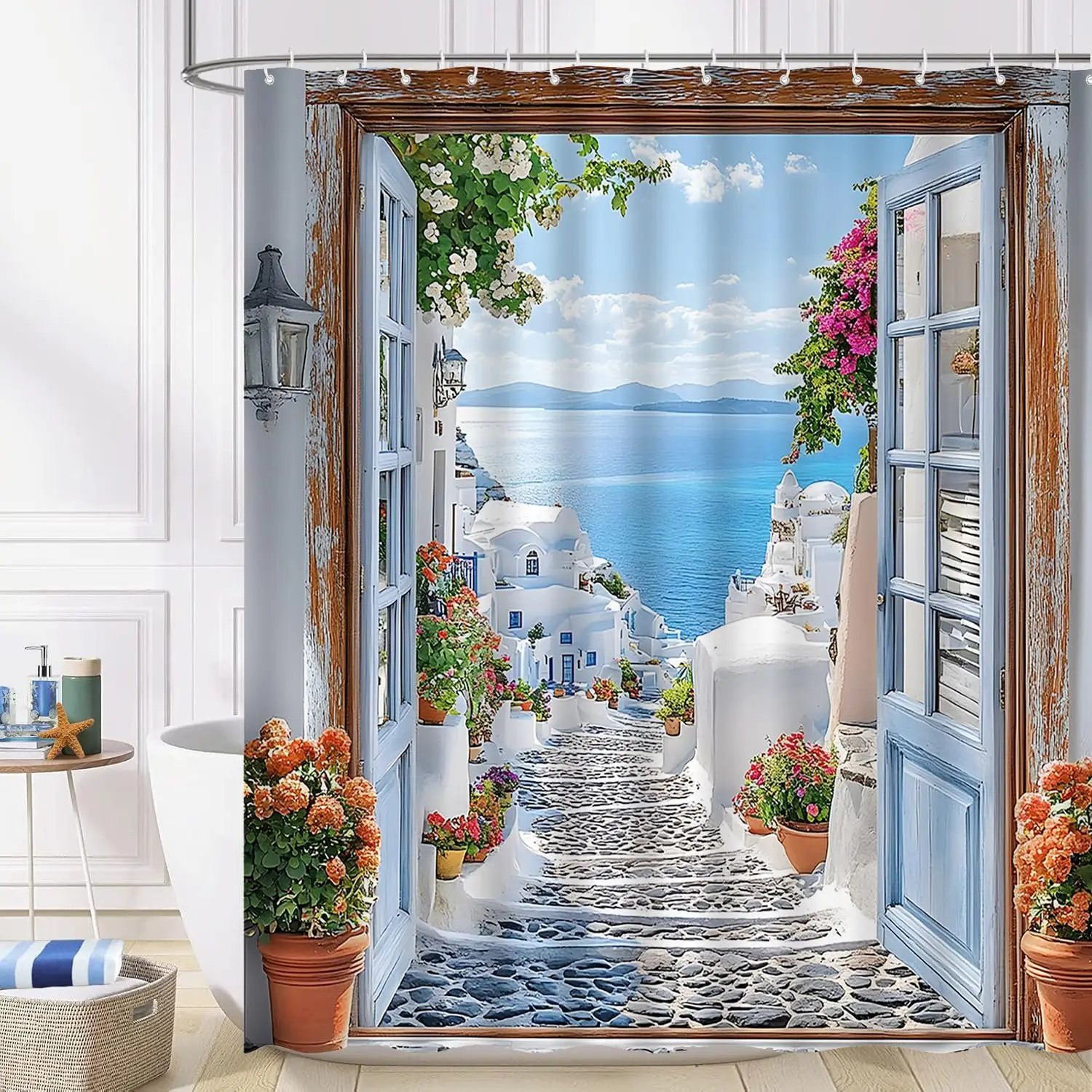 

Mediterranean Landscape Shower Curtain Tropical Coastal Seascape Floral Plants Hawaii Blue Ocean-Themed Bathroom Decor