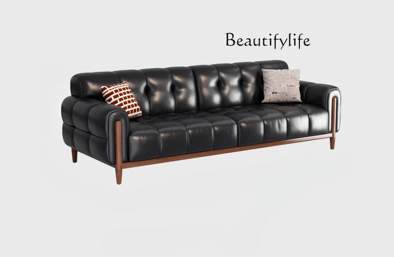 

Retro leather sofa first layer cowhide living room straight row French medium antique black