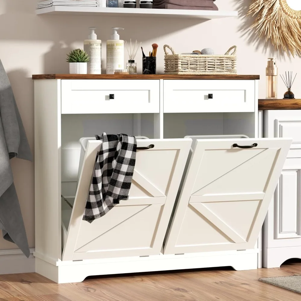 

Double Tilt Out Trash Can Cabinet, Farmhouse Kitchen Trash Can Cabinet with Negative ion and Charging Station, Dog Proof Garbage