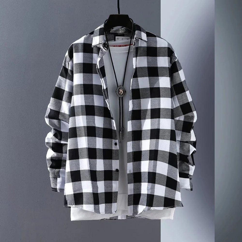 Mens Long Sleeve Check Shirts Button Down Casual Work Baggy Coat Lapel Tops Casual Trendy Jacket Men's Loose Shirt
