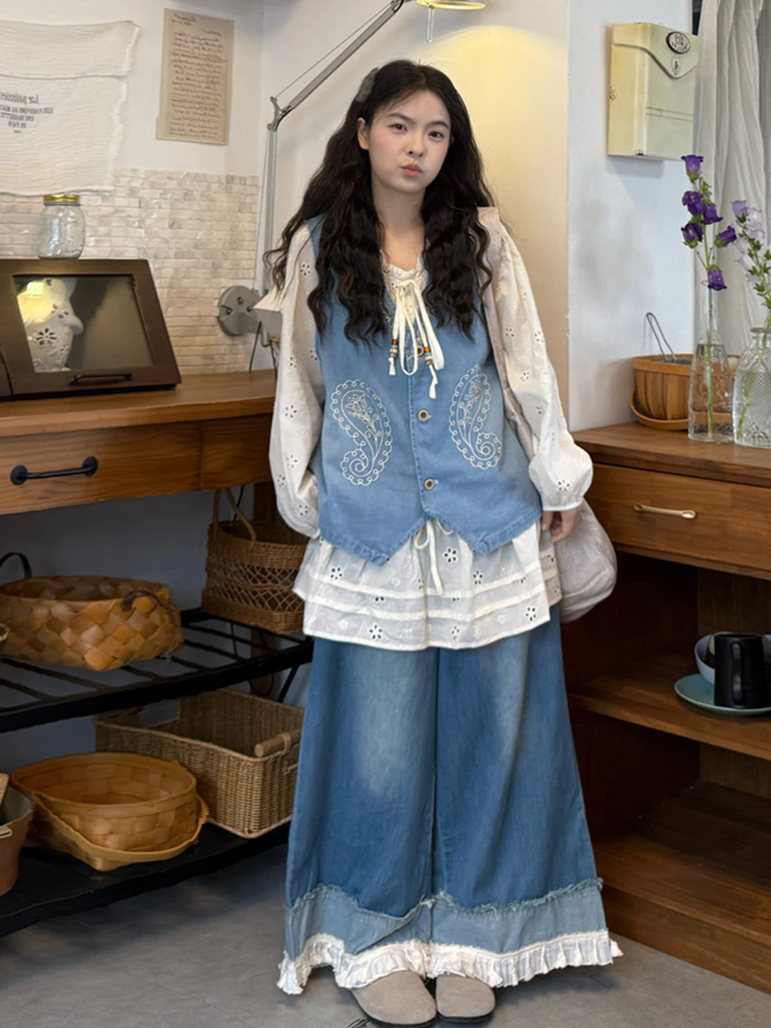 

plus Size Spring Faion Ensemble Embroidered irt Denim Doll Collar Tee Piece Set High Waist Pants Korean Sle Casual Wear