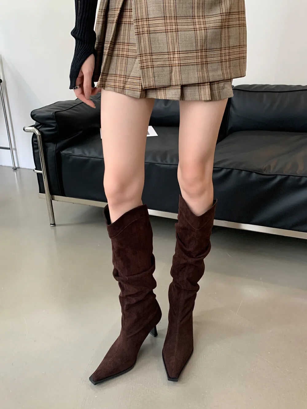 Pointed Toe Women Knee High Boots Pointed Toe Black Brown Beige Chelsea Botas Knight Bootie Winter Dress Shoes Woman Size 35-39