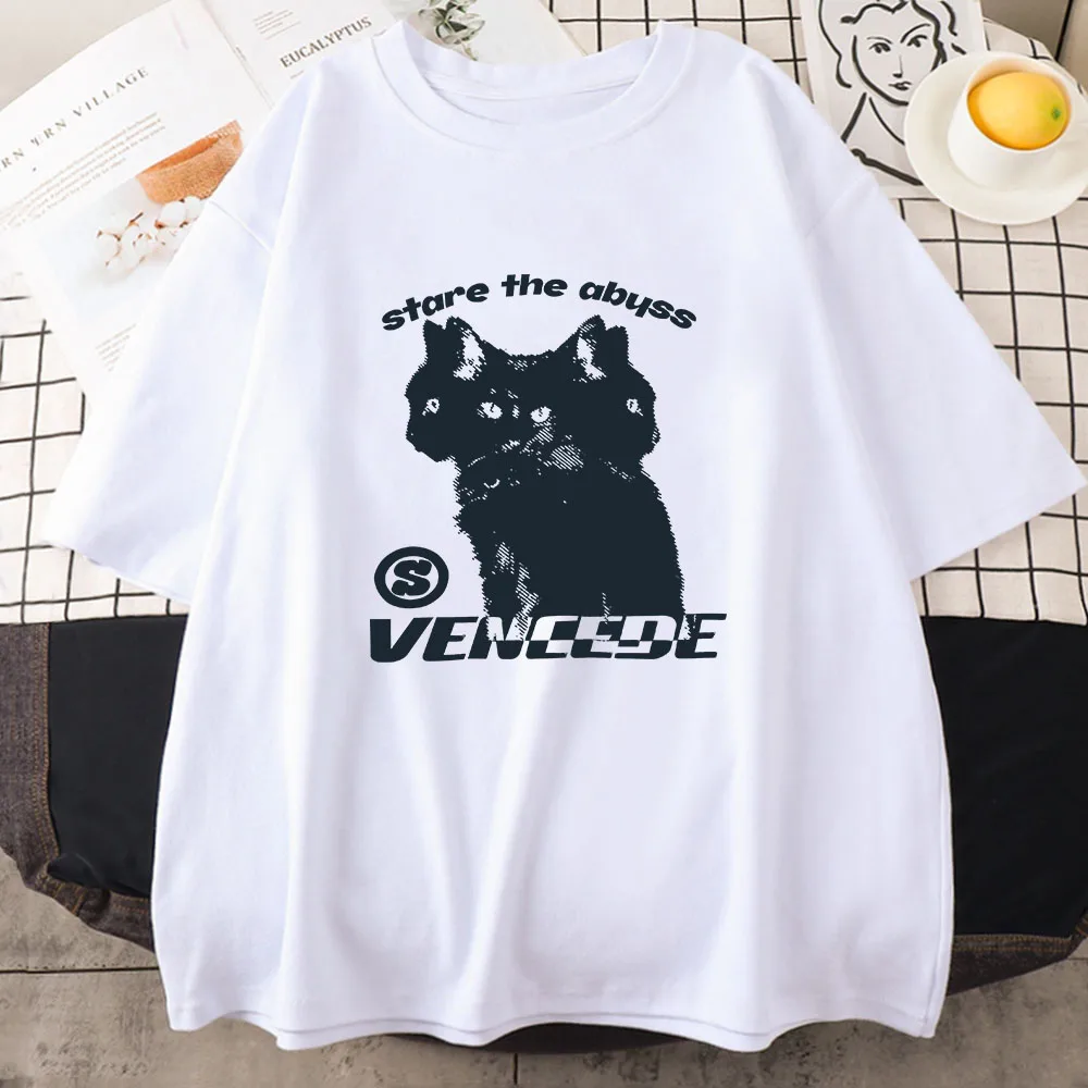 Japanese Kanji Cat Girls T-shirt Short Sleeve Women/Men Cute Tee-shirt Streetwear Kawaii Graphic Printing Tees Pure Cotton Tops