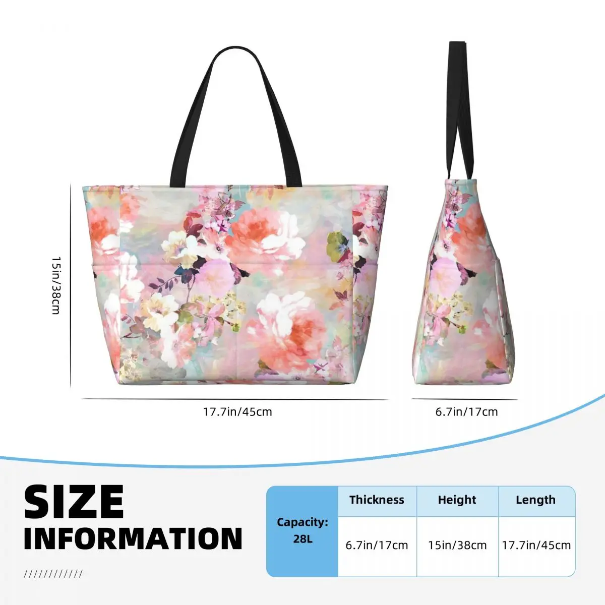 Romantic Pink Teal Watercolor Chic Floral Beach Travel Bag, Tote Bag Popular Large Capacity Travel Birthday Gift Multi-Style