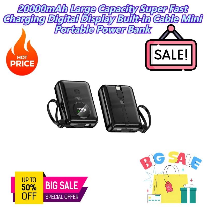 

20000mAh Large Capacity Super Fast Charging Digital Display Built-in Cable Mini Portable Power Bank