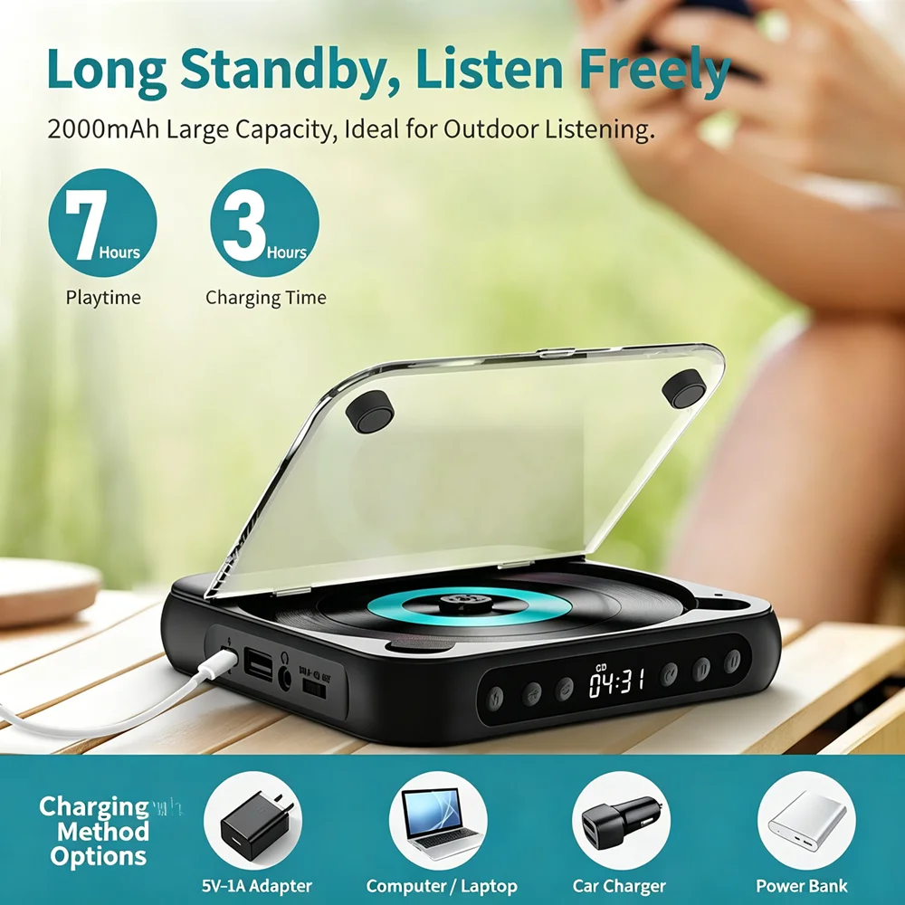 Portable CD Player Bluetooth Speaker Personal CD Music Player Kpop English Repeater Student with Headphones AUX USB Home Travel