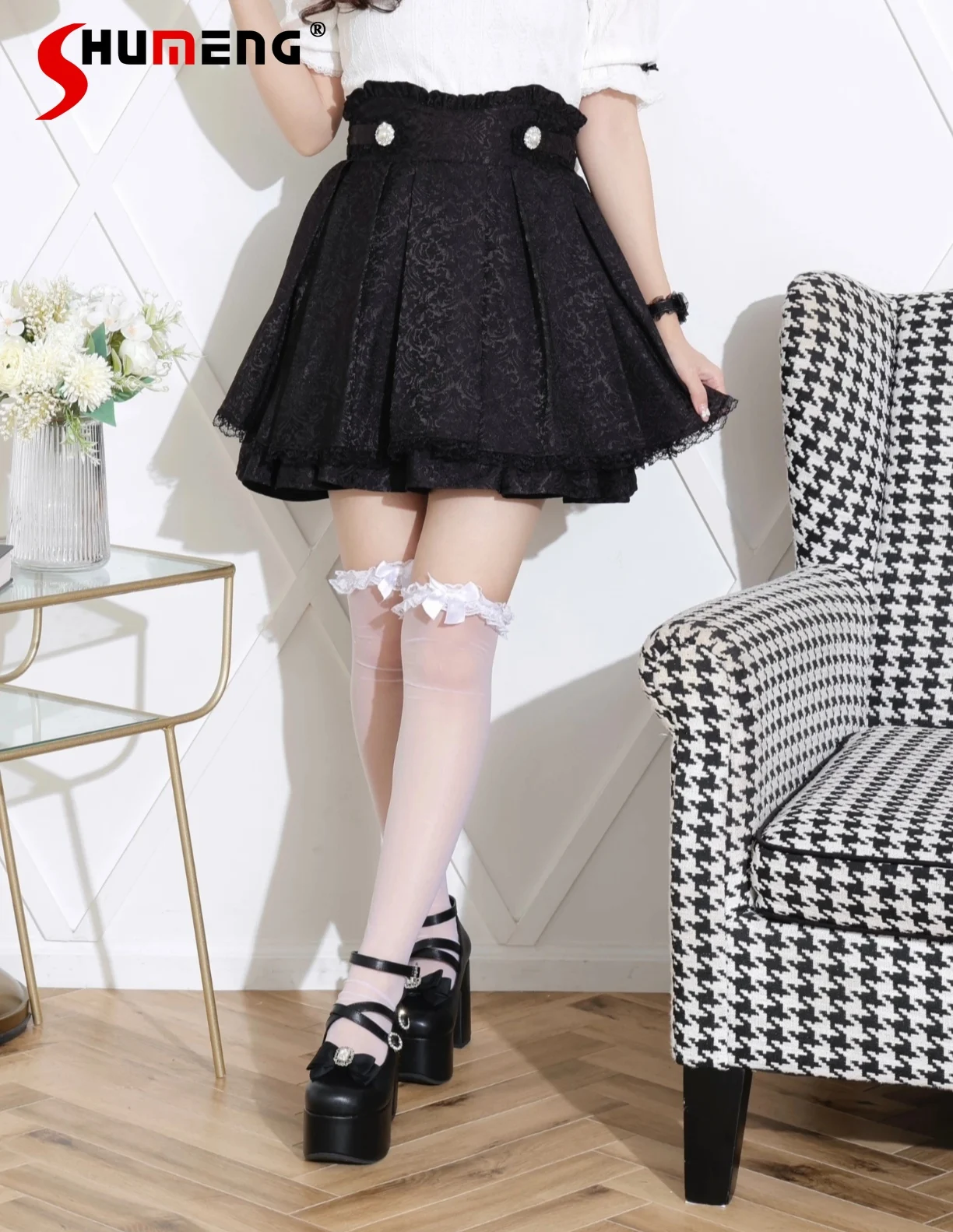 Japanese Mine Style Sweet Girl Dark Pattern Elastic High Waist Back Lace-up Big Bow A-line Pantskirts Pleated Skirt Women Summer