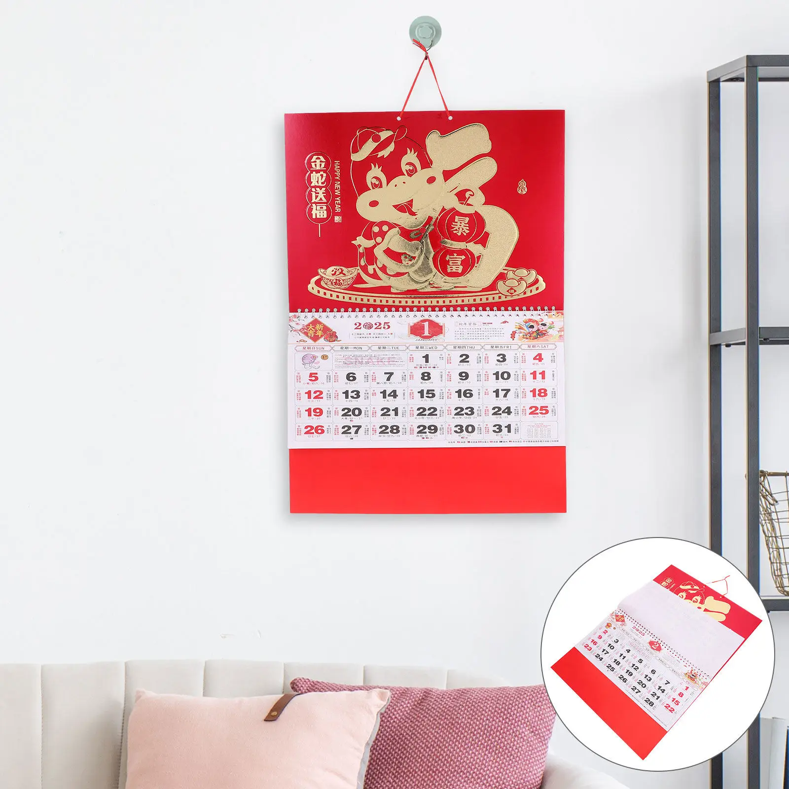 

Red Fu Character Wall Calendar 2025 Chinese Style Large Snake Year Hanging Calendar Lunar New Year Countdown Planner