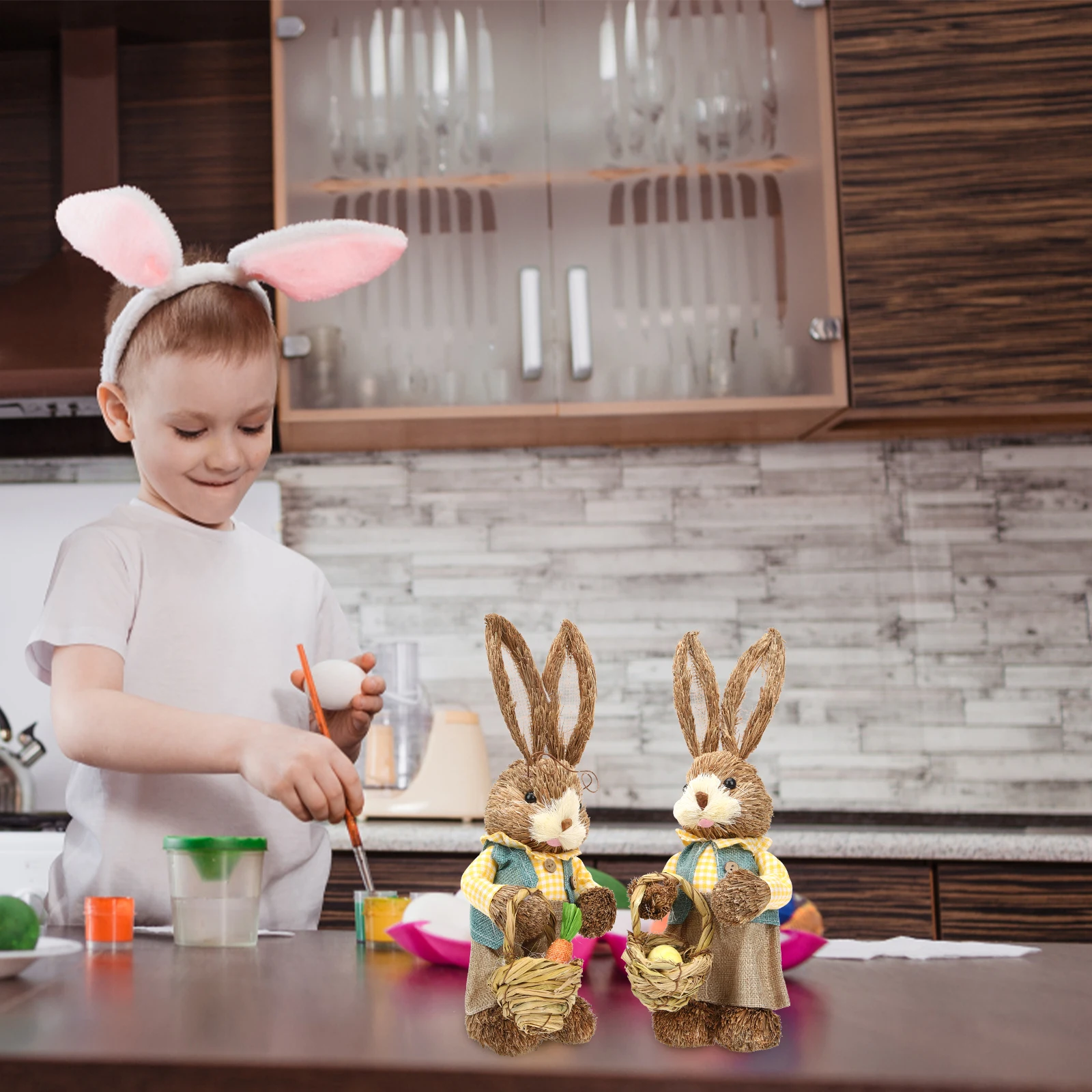 

Straw Woven Rabbit Figurine Premium Material Bunny Statue Decorations Handmade Cloth Rabbits Garden Easter Accessories