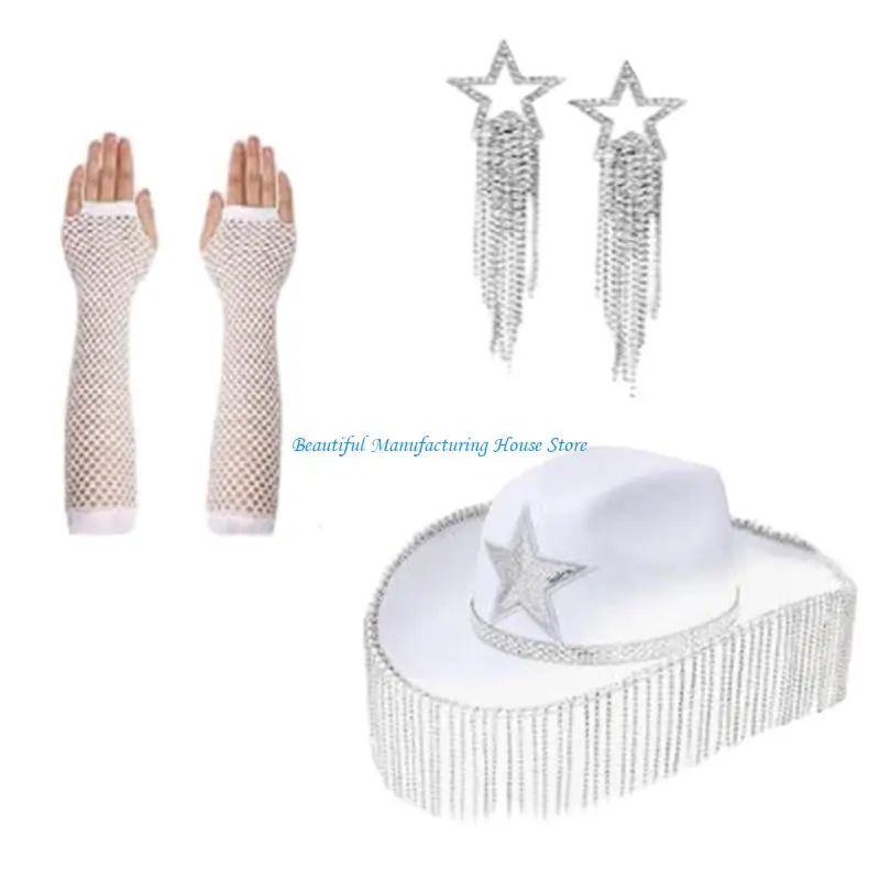 

E56A Female Hat ArmSleeves Earrings Music Festival Party Dress Up Costume Set