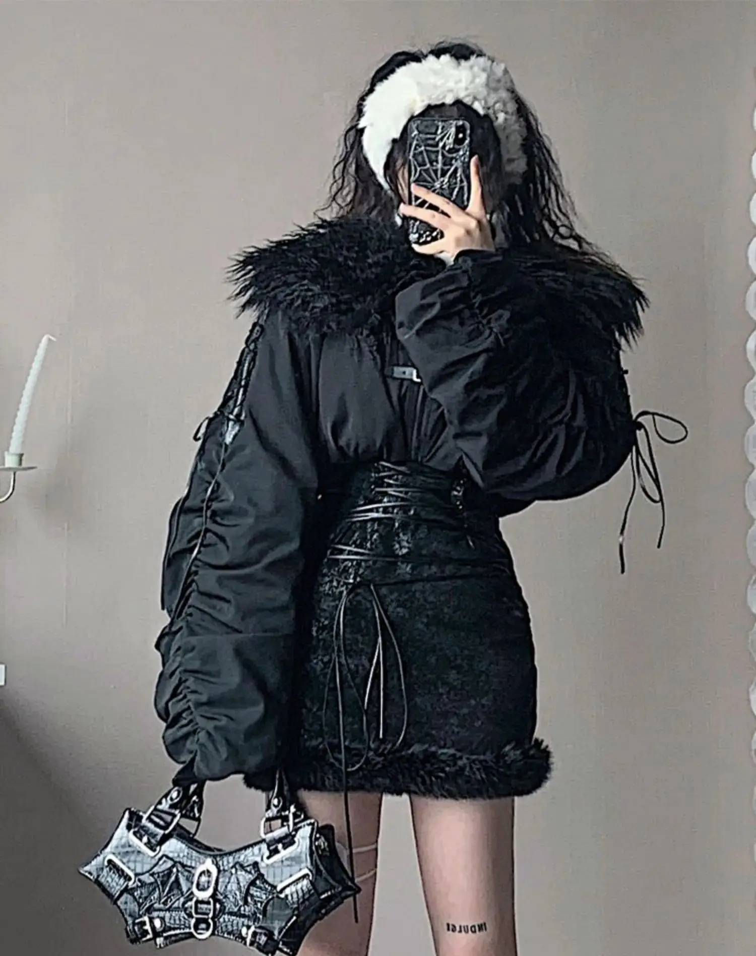 Women Autumn Thicken Punk Moto Jacket Lamb Plush Collar Fleece Inner Winter Rock Black Gothic Short Coat Streetwear Jackets