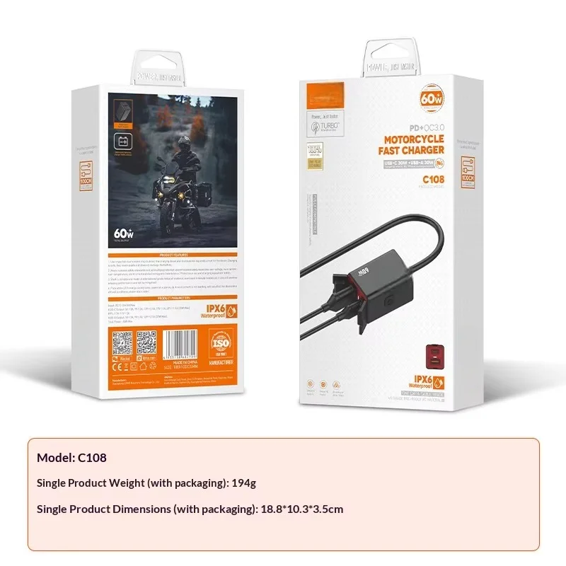 60W Motorcycle USB Charger PD+QC3.0 Fast Charging IPX6 Waterproof USB-C Cable for 12V-24V Bikes