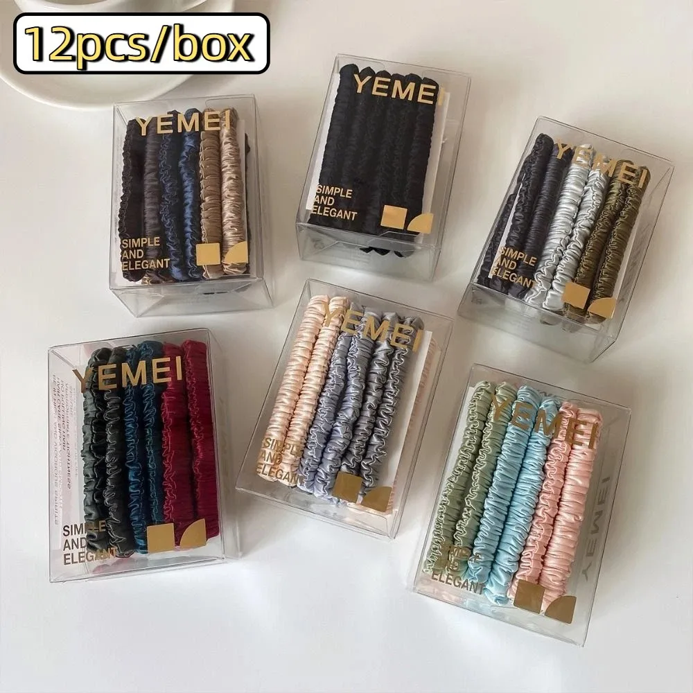 12pcs/box Boxed Silk Hair Rope Set Solid Color High Elasticity Colorful Hair Scrunchies Hair Ring Ponytail Holder Basic Hair Tie