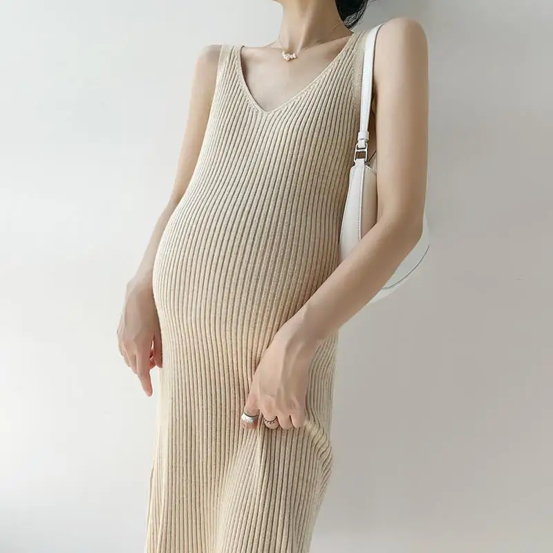 2024 Pregnant Women's Base Skirt V-Neck Thickened Core-Spun Yarn Knitted Skirt All-match Vest Skirt Pregnant Women's dress