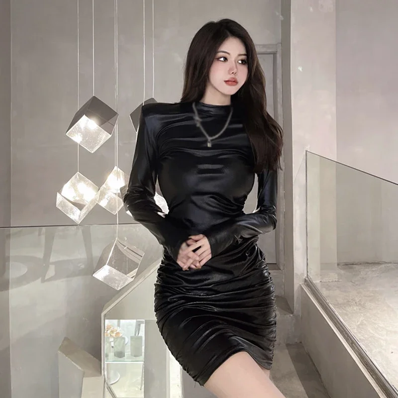 Women's Fashion Temperament PU Leather Long Sleeves Dress Slim Sexy Versatile Bodycon Dress