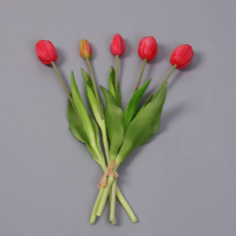 5 Stück künstliche Blumen, weiche Tulpen, künstliche Blumen, fühlt sich echt an, für Zuhause, Garten, Tisch, Hochzeitsdekoration, Simulation, 5-Kopf-Tulpenstrauß – Detail 12