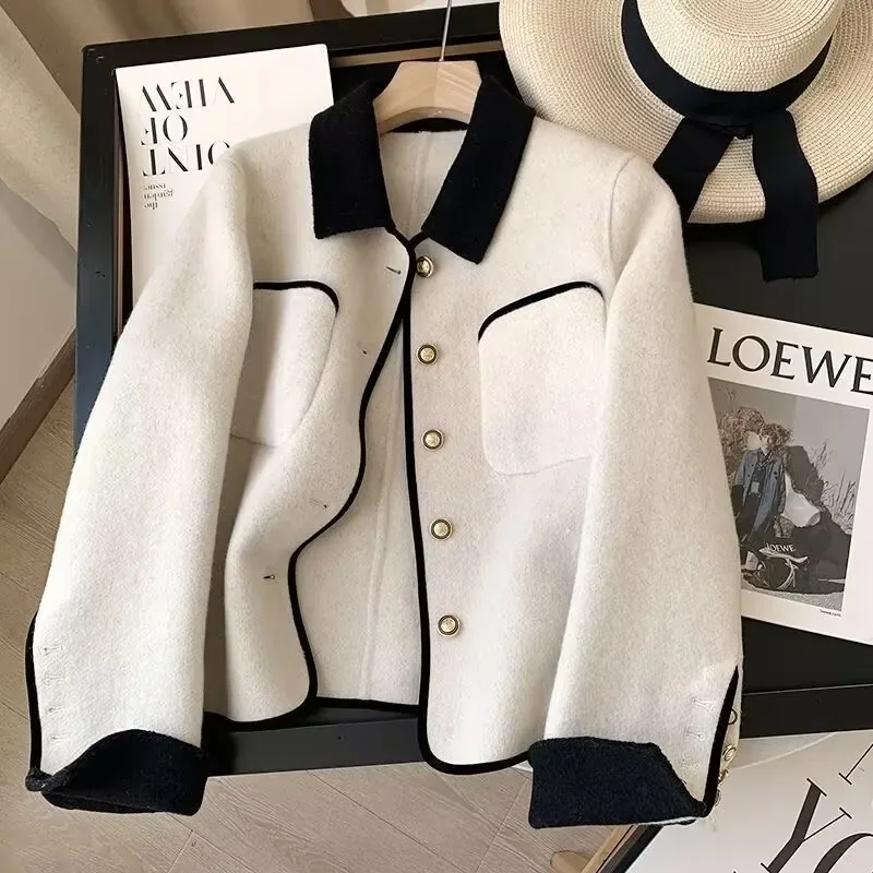 Pop 2025 Autumn/Winter New Small Fragrant Wind Double Sided Cashmere Coat Women's Short Gold Button French Gray Woolen Coat Fema