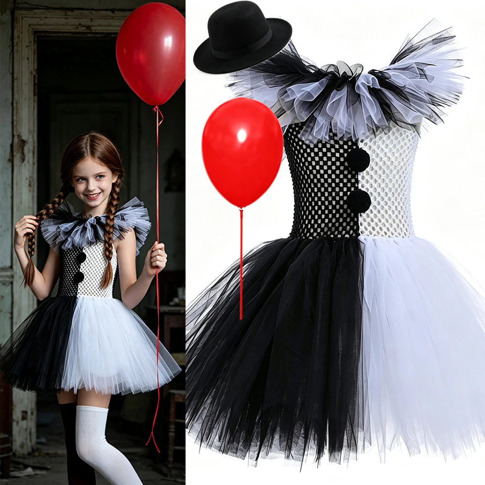 Girls Halloween Clown Costume Dress Kids Black White Scary Clown Dress with Hat Socks Gloves Set Carnival Cosplay Party Outfit