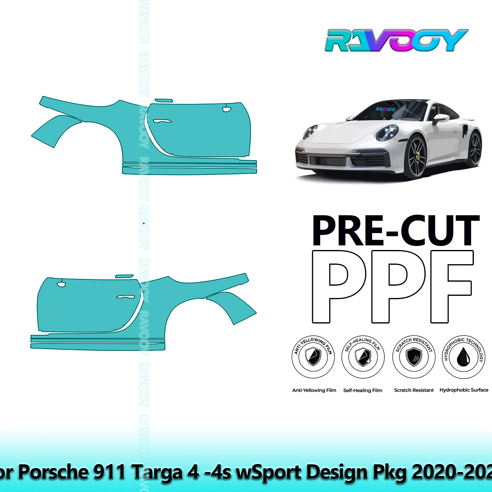 

For Porsche 911 Targa 4 -4s wSport Design Pkg 2020-2023 8.5mil Pre-Cut PPF Door & A/B Pillar Kit TPU Paint Protection Film Set