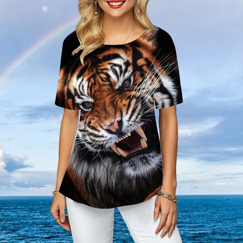 Women Plus Size Ladies Tee Short Sleeve T Shirts Colorful Tiger 3d Print Loose Casual Tops Female Irregular Summer Clothes