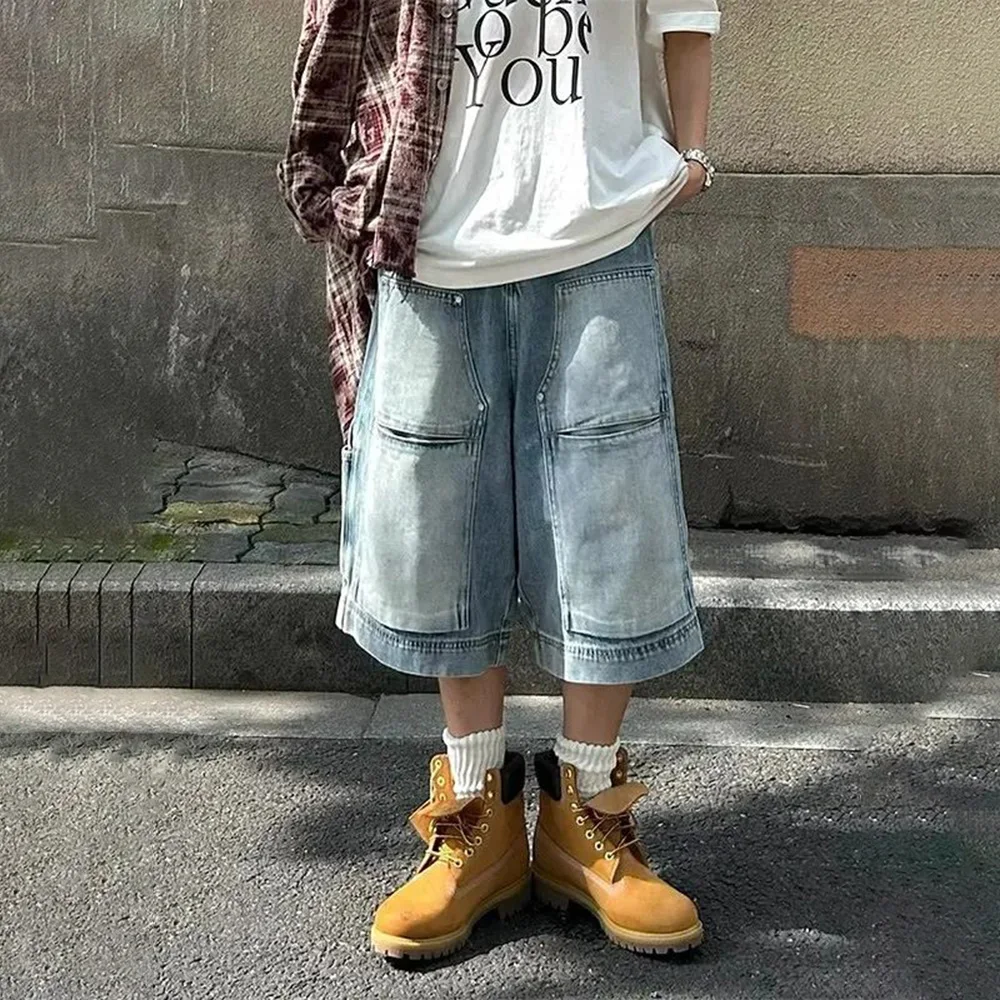 Baggy Jeans Herren Y2K Retro Cargo Denim Shorts Streetwear Tasche Nähte American Straight Casual Cropped Chic Hose Sommer