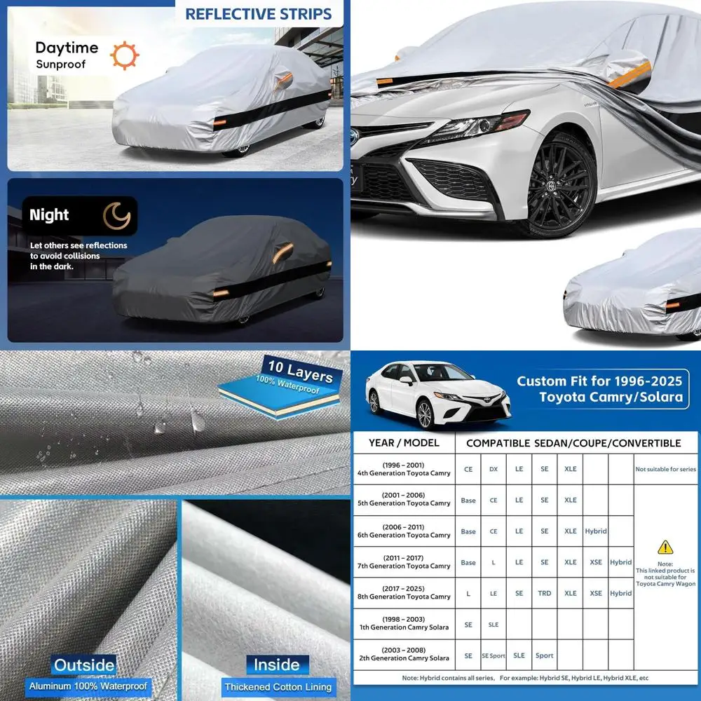 

Custom Tailored 10-Layer Car Cover for Toyota Camry 1996-2024, All-Weather Protection, Waterproof, UV-Resistant, Silver