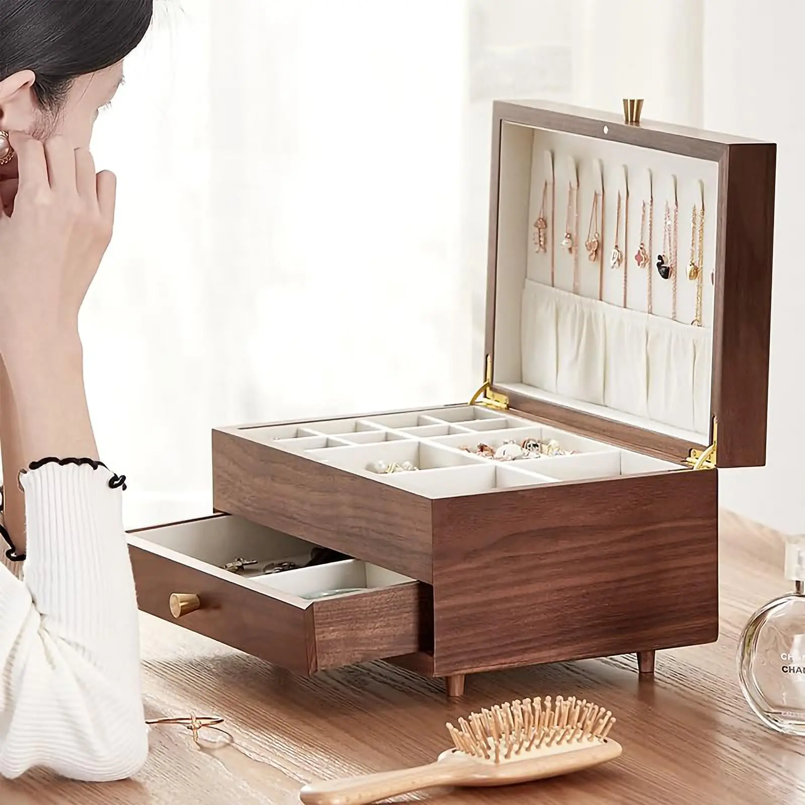 

Black Walnut Wooden Jewelry Box for Women, Classical Wooden 2 Layer Jewelry Storage Watch Necklace Ring