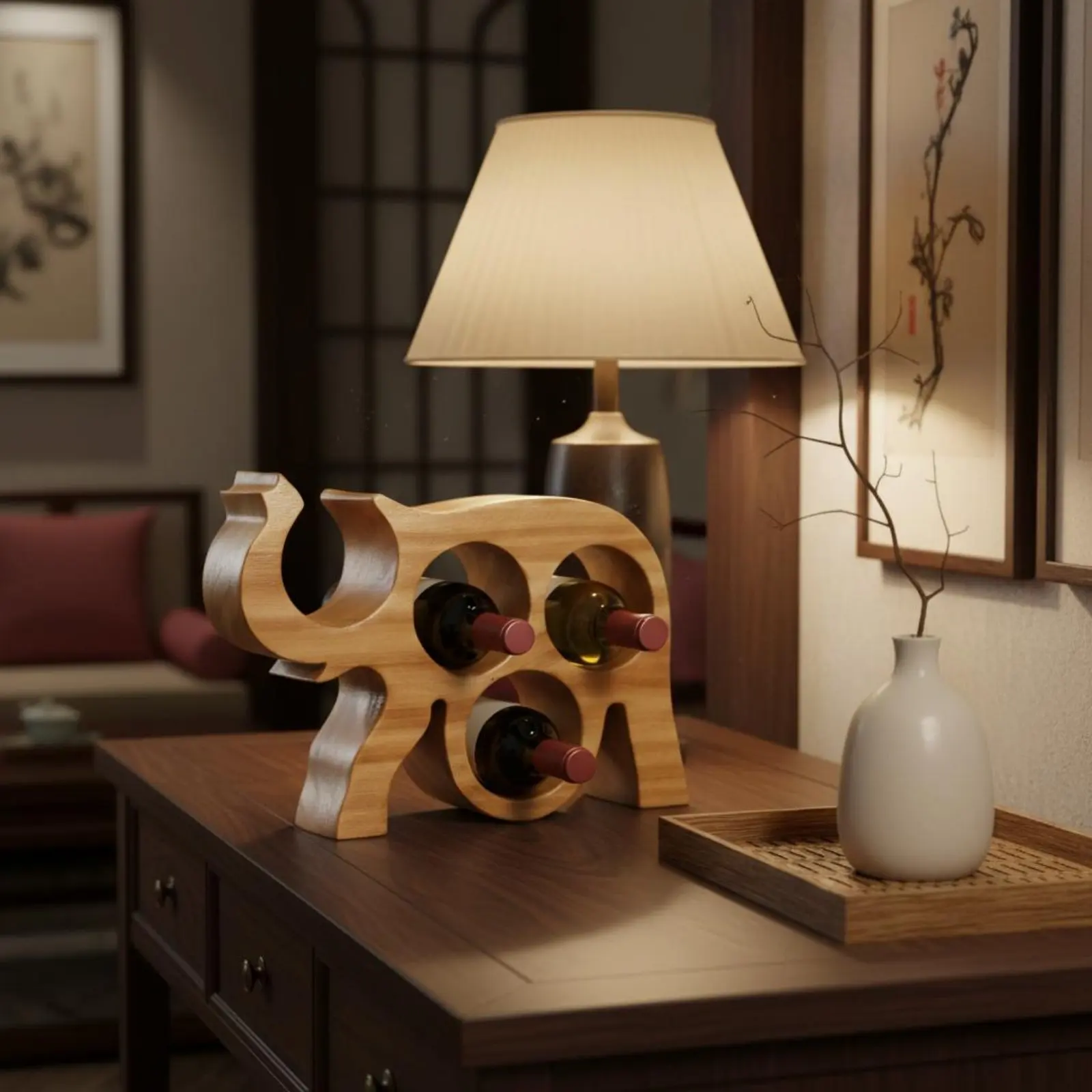 

Elephant Wine Rack Solid Wood Elephant Wine Holder Home Decor Retro Design Handmade for Dining Room, Bar