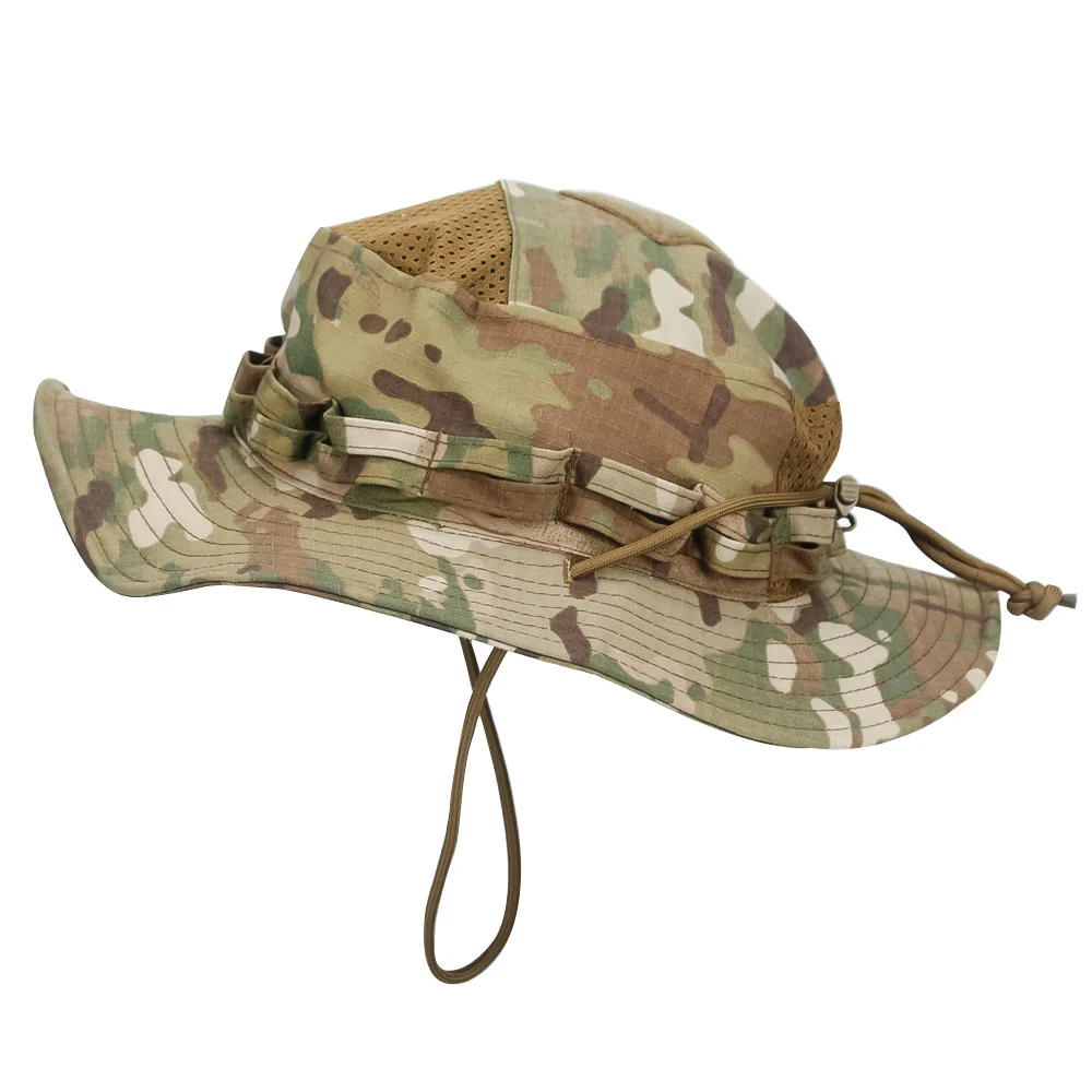 New Tactical Camo Boonie Hat with Velcro Round Brim Breathable Sun Cap for Military Fans Camping Outdoor Multifunctional