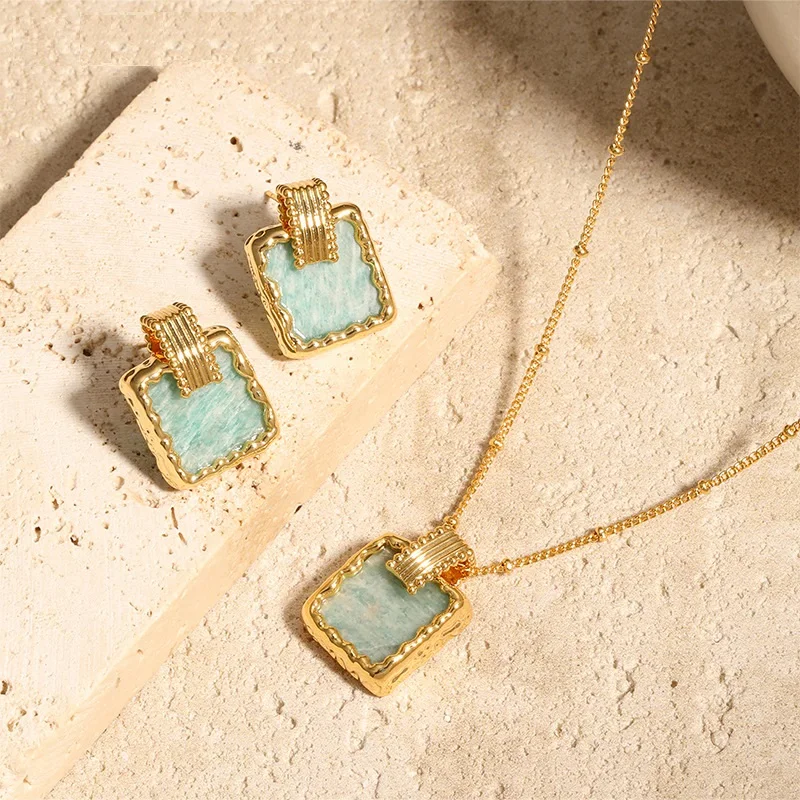 

Natural Stone Earrings Necklace Jewelry Set,Square Pendant Necklace Earrings Women's Choker necklace