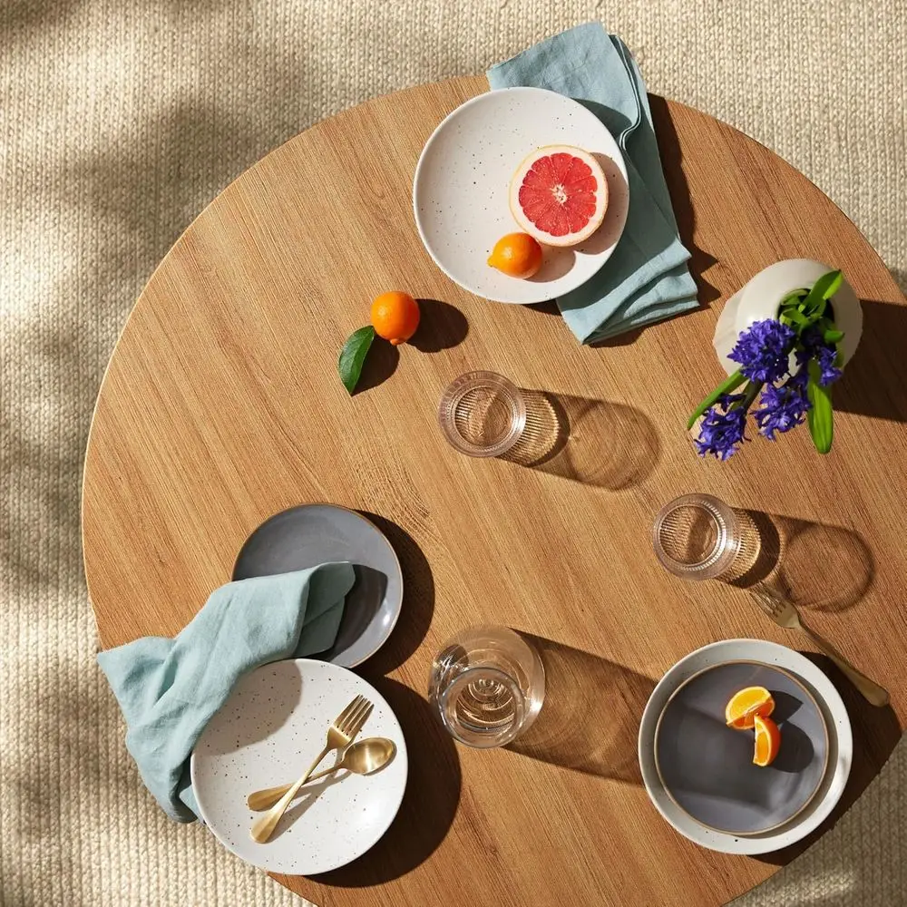 طاولة طعام مستديرة مقاس 35.5 بوصة لـ 4 أقدام فولاذية بلمسة نهائية من الخشب القوي، حديثة في منتصف القرن، موفرة للمساحة، حجرة طعام صغيرة على شكل دائرة للمساحة #2