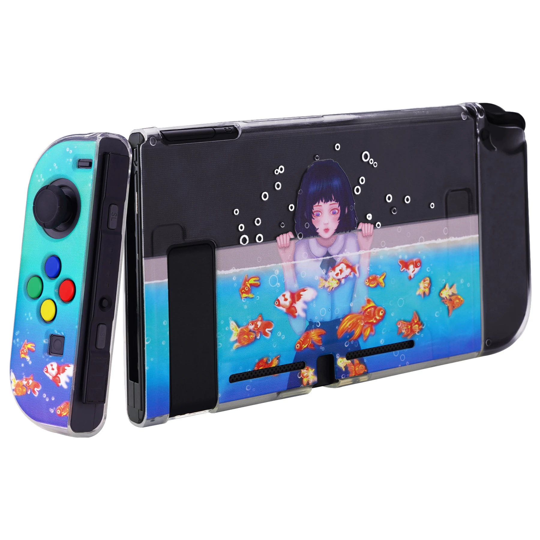 PlayVital Soft TPU Slim Protective Shell do Nintendo Switch z kolorowymi nakładkami na przyciski kierunku ABXY - przezroczysta dziewczyna w akwarium