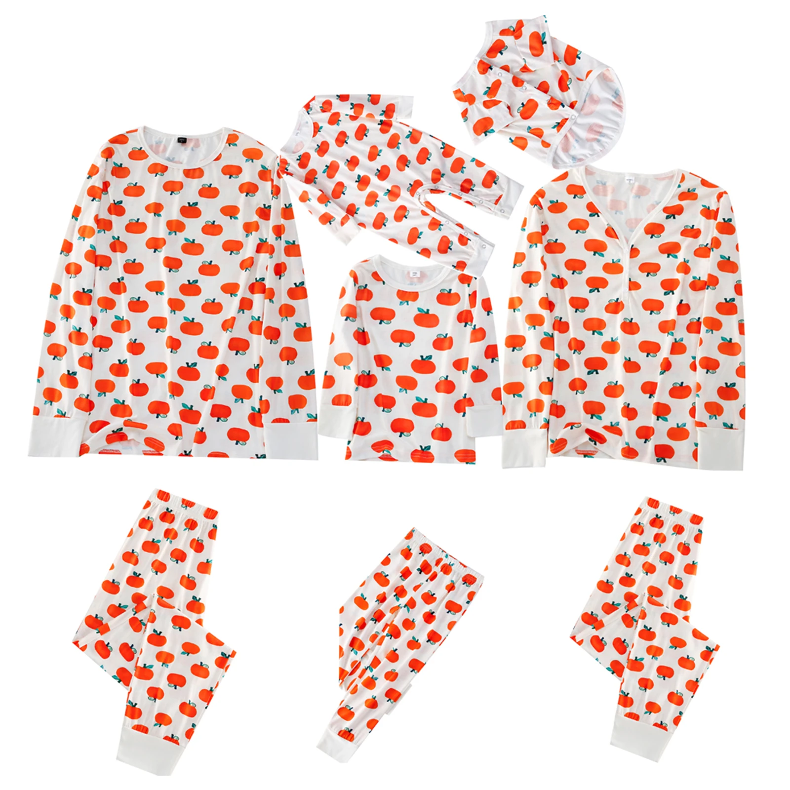 Family Pajamas Set with Cartoon Fruit Print, Buttons Ribbed Closure Halloween Theme Costumes