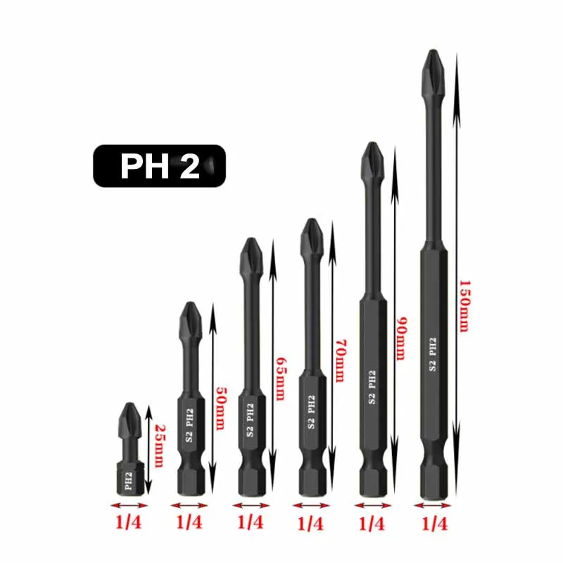 1/5Pcs S2เหล็กสีดำ Cross Hex Shank Allen ประแจ Strong Hexagon Magnetic หกเหลี่ยมไขควง25-150มม.