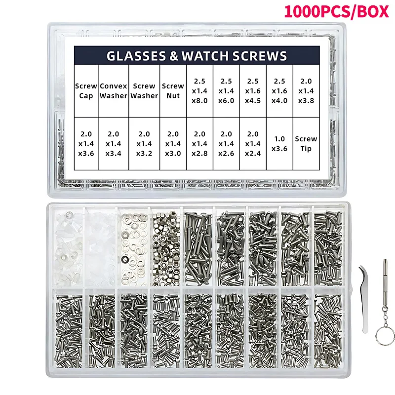 1000PCS/Box Glasses Watch Phillips Repair Screws Nuts Kit Box, Home Watch Repair Tool, 18 Kinds of Combination Micro Screw Sets